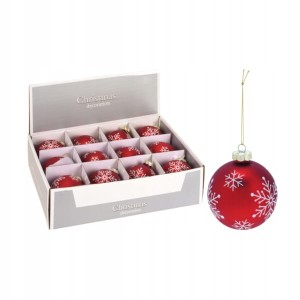 Bombka szklana 8 cm czerwona ze śnieżynkami