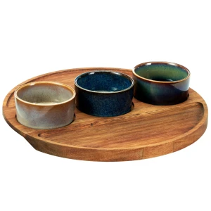 Zestaw 3 miseczek ceramicznych do dipów na drewnianej podstawce 25 cm