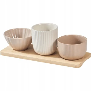 Zestaw 3 miseczek ceramicznych z tacą bambusową – beżowy