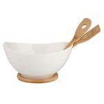 Miska, salaterka porcelanowa owalna na podstawie bambusowej z łyżkami